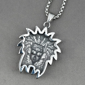 Pendentif Maya lion soleil avec chaîne box en acier inoxydable poli pour homme