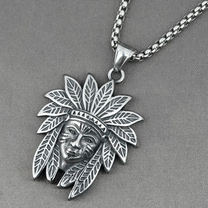 Collier amérindien vintage en acier inoxydable avec pendentif chef maya et chaîne robuste