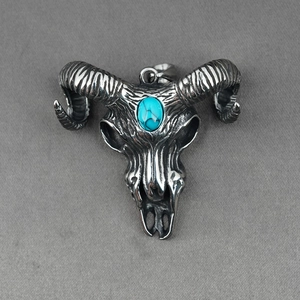 Vintage Stainless Steel Ram Skull Pendant Necklace For Men Women Gothic Punk Style Antiqued Silver Turquoise Inlaid Jewelry Gift