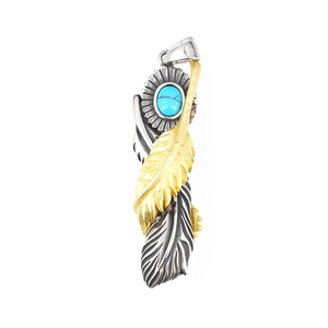Vintage Indian style turquoise feather necklace in antique silver and gold stainless steel
