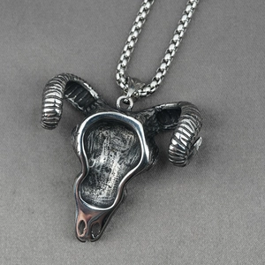 Vintage oxidized stainless steel ram skull pendant with turquoise and box chain