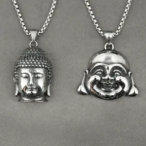 Collar con Colgante de Cabeza de Buda de Acero Inoxidable Retro Joyas Religiosas Buda Sonriente Maitreya para Hombres Mujeres