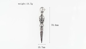 Macro detail of Vajra Pestle pendant with dimensions showing length and weight