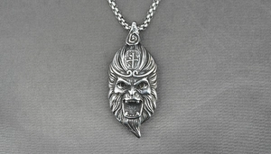 Detailed retro Monkey King pendant with Chinese character carving on stainless steel box chain