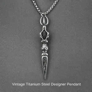 Retro Titanium Steel Vajra Pestle Pendant Necklace For Men Vintage Sanskrit Engraved Amulet Ethnic Religious Jewelry Gift