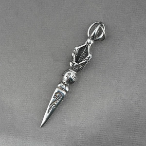 Vintage stainless steel Vajra pestle necklace pendant with intricate religious engravings