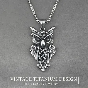Vintage Titanium Steel Owl Pendant Necklace With Celtic Knot Retro Nordic Viking Style Animal Necklace For Men Women Jewelry