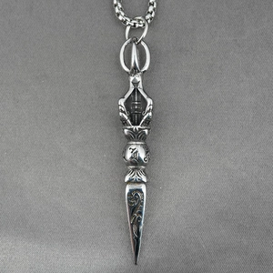 Retro stainless steel vajra pestle necklace pendant with vintage silver finish for men