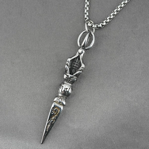 Retro stainless steel vajra pestle pendant necklace with engraved script and box chain