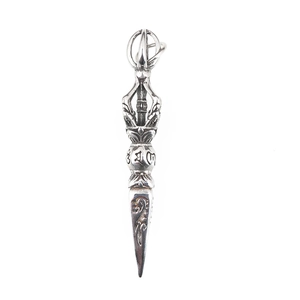 Retro stainless steel Vajra pestle pendant with Sanskrit engraving and aged finish