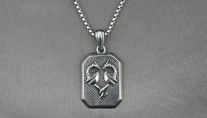 Makro-Detail von Vintage-Drachenanhänger aus Edelstahl an einer Box-Kette in Silber