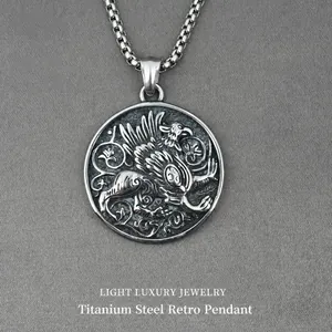 Vintage Stainless Steel Griffin Medallion Necklace Retro Mythical Beast Relief Round Pendant Men Unisex Accessory Jewelry