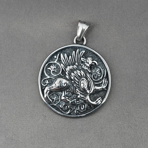 Vintage silver griffin pendant necklace in stainless steel with floral relief carvings