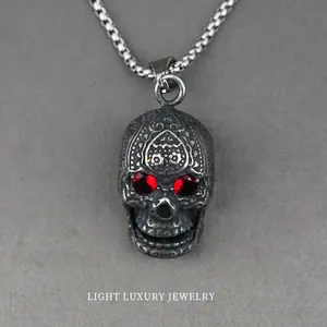 Gothic Punk Skull Pendant Necklace Titanium Steel Engraved Red Zirconia Eyes Vintage Biker Jewelry For Men Unisex