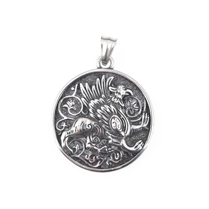 Vintage silver griffin pendant necklace in round relief style made of durable titanium steel