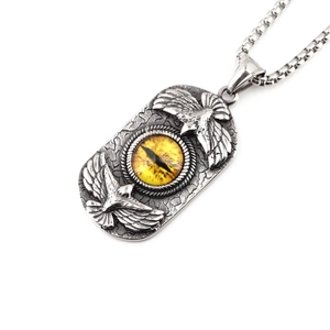 Retro double eagle titanium steel necklace with yellow evil eye pendant for men
