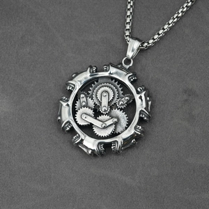Vintage steampunk engine gear pendant necklace in titanium steel with retro finish