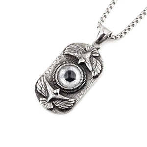 Retro stainless steel double eagle pendant necklace with realistic eye and box chain