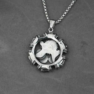 Industrial punk gear pendant necklace with wolf head silhouette on square box chain