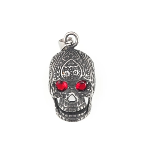 Gothic skull pendant necklace with red crystal eyes and detailed steel engravings