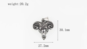Macro view of vintage ram head pendant showing 30.1mm height and 20.2g weight details