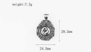 Detail showing vintage Tai Chi Bagua pendant dimensions 28.2mm x 24.5mm weighing 7.3g