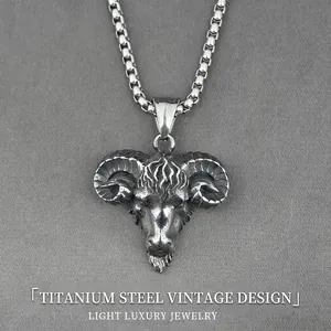Vintage Punk Gothic Ram Head Pendant Necklace For Men Stainless Steel Antique Silver Horned Goat Head Jewelry Box Chain