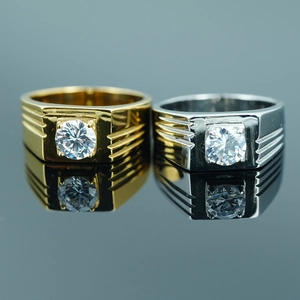 Men's Titanium Steel Ring Vintage Square Face Geometric Rhinestone Inlaid Wedding Band High Polish Fashion Jewelry Gift