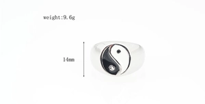 Technical detail of silver Yin Yang ring showing 9.6g weight and 14mm width dimensions