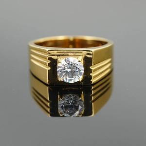 Men's gold-plated titanium ring with square face, central round zircon, and grooved band