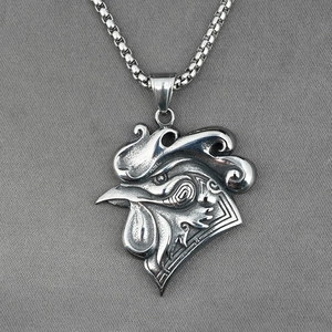 Retro titanium steel rooster head pendant necklace with square link chain for men