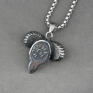 Retro ram skull pendant necklace in silver-tone titanium steel with box chain for men
