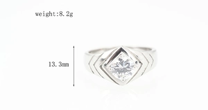 Detail showing an 8.2g silver ring with a square-cut center stone and V-shaped geometric notches