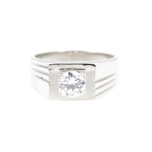 Classic silver titanium steel men ring with square set round cut cubic zirconia stone