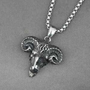 Vintage stainless steel goat head pendant with box chain, antique silver finish