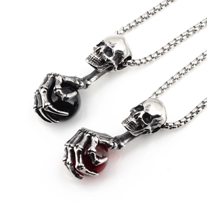 Retro Gothic Punk Titanium Steel Skull Claw Pendant Necklace For Men Vintage Red Black Bead Hip Hop Fashion Jewelry