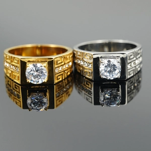 Titanium Steel Greek Key Meander Inlaid Round Rhinestone Ring For Men Women Vintage Gold Silver Wedding Band Jewelry