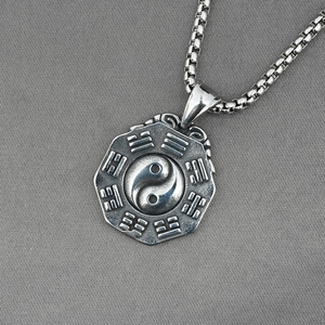Vintage Tai Chi Bagua pendant necklace in matte stainless steel with a sturdy box chain