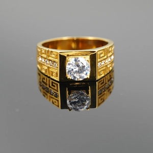 Classic gold titanium steel ring for men with round center diamond and Greek key engraving