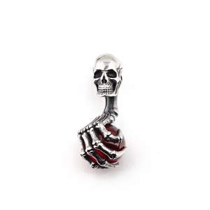 Retro punk style titanium steel skull pendant necklace with red gemstone and skeletal hand