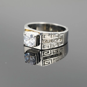 Titanium steel ring with round zircon and Greek meander pattern on dark mirror