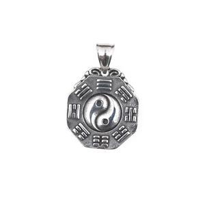 Octagonal Tai Chi Bagua pendant necklace in silver finish with vintage steel look