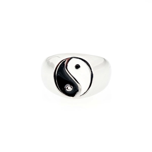 Polished silver signet ring featuring a classic black and white Yin-Yang symbol design