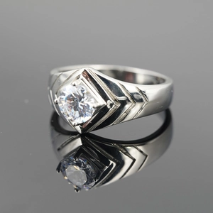Classic silver titanium steel ring with a round brilliant-cut solitaire cubic zirconia stone