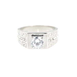 Classic silver titanium steel ring with Greek fret pattern and large round cubic zirconia
