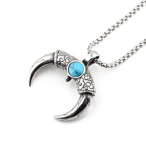 Collier Pendentif Corne Croissant de Lune en Acier au Titane Vintage Argent Antique Turquoise Mauvais Œil Chaîne Box pour Hommes Femmes