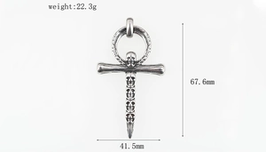 Skull Ankh cross pendant details showing 67.6mm height and 22.3g weight in vintage silver