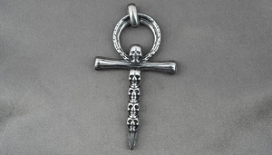 Gothic silver punk Ankh cross pendant with four stacked skulls and vintage oxidized finish