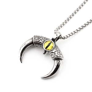 Collier rétro punk en acier titane avec pierre oeil de dragon jaune sur chaîne