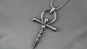 Gothic punk style stainless steel Ankh cross pendant necklace with five skulls on box chain